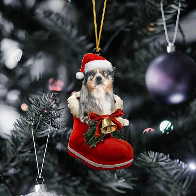 Australian Shepherd In Santa Boot Christmas Hanging Ornament