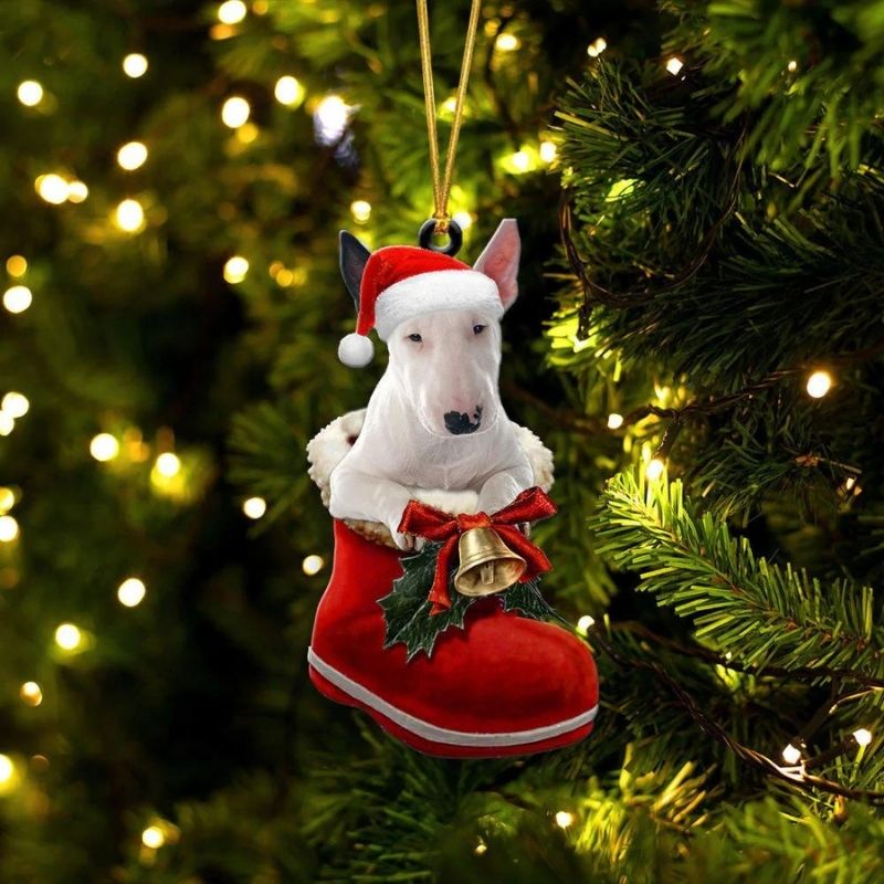 Bull Terrier In Santa Boot Christmas Hanging Ornament