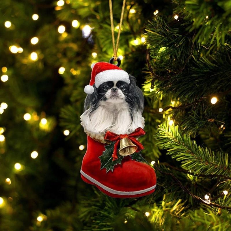 Japanese Chin In Santa Boot Christmas Hanging Ornament