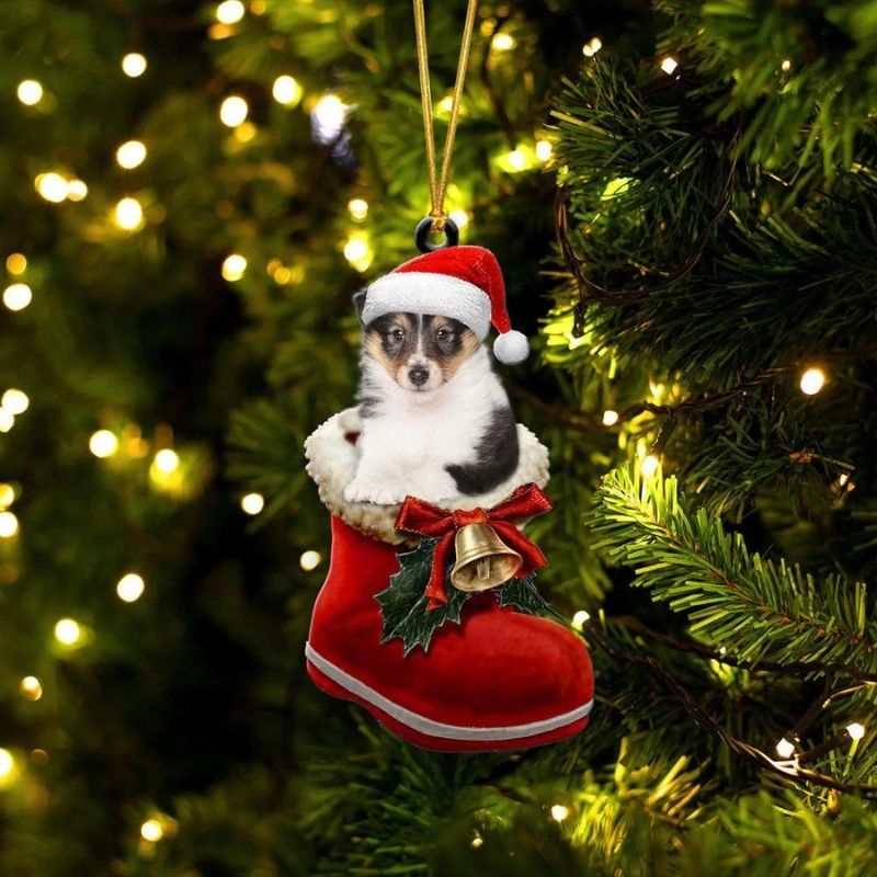 Shetland Sheepdog In Santa Boot Christmas Hanging Ornament