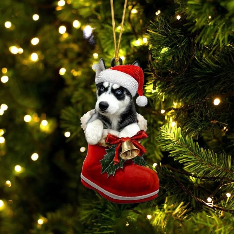 Siberian Husky Black White In Santa Boot Christmas