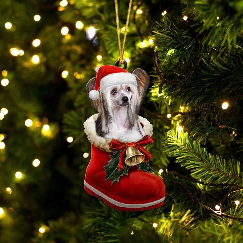 Chinese Crested In Santa Boot Christmas Hanging Ornament