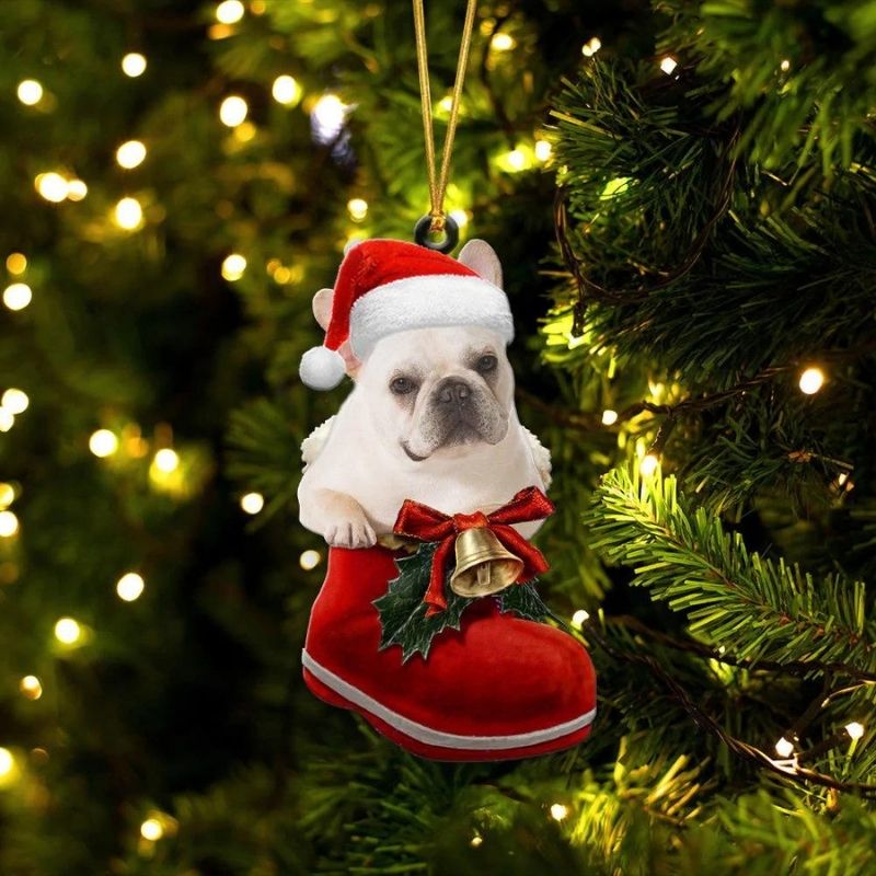 French Bulldog White In Santa Boot Christmas Hanging