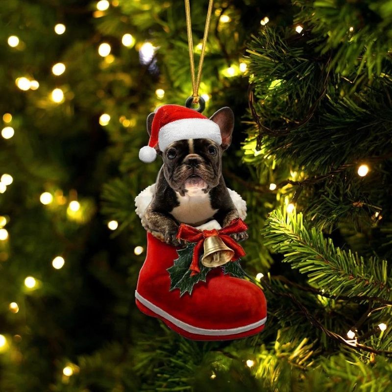 French Bulldog Brindle and White In Santa Boot