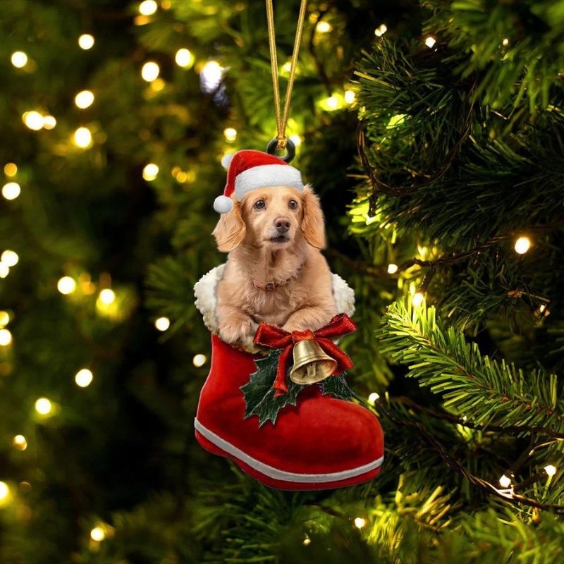 Dachshund Cream In Santa Boot Christmas Hanging Ornament