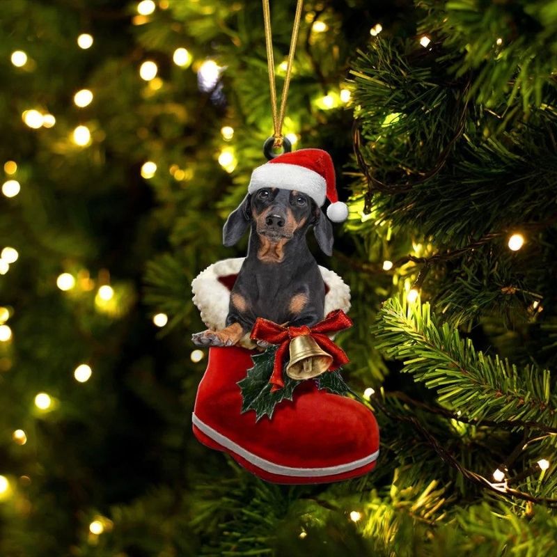 Dachshund Black and Tan In Santa Boot Christmas