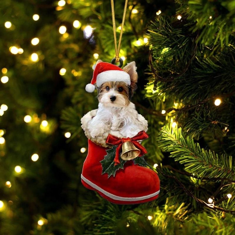 Yorkshire Terrier Parti In Santa Boot Christmas Hanging