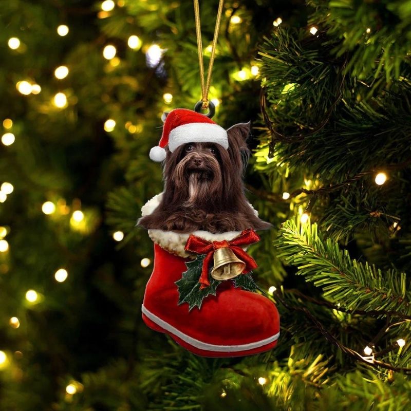 Yorkshire Terrier Chocolate In Santa Boot Christmas Hanging