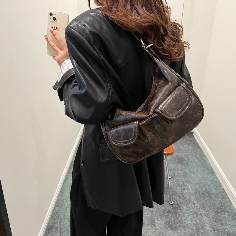 LEFTSIDE Fashion Double pockets Design Retro PU Leather Shoulder Bag for Women 2023 Female Crossbody Bag Underarm Bags Handbags