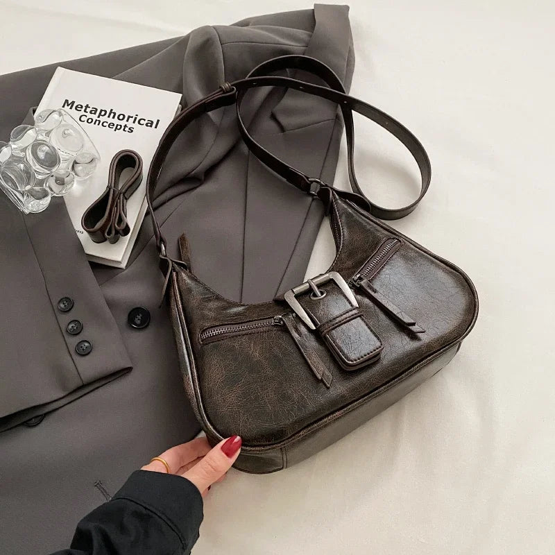 LEFTSIDE Retro Belt Design PU Leather Shoulder Bags for Women 2023 Y2K Small Vintage Female Underarm Crossbody Bag Handbags
