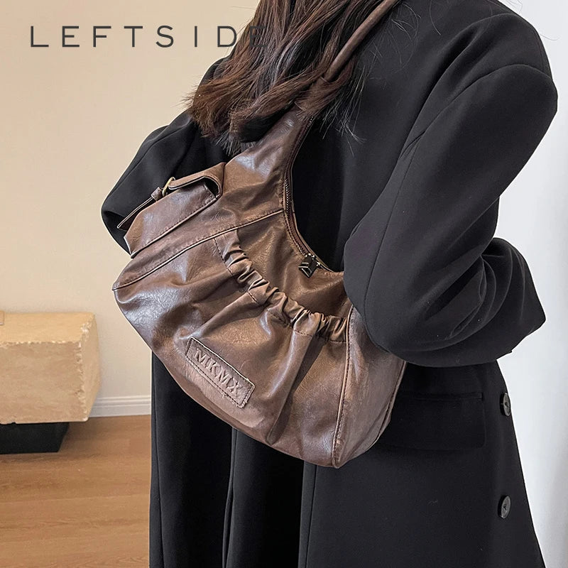 LEFTSIDE Retro Leather Shoulder Bags for Women 2023 Winter Vintage Underarm Bag Handbags and Purses Latest Fashion Hand Bag