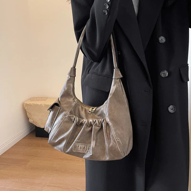 LEFTSIDE Retro Leather Shoulder Bags for Women 2023 Winter Vintage Underarm Bag Handbags and Purses Latest Fashion Hand Bag