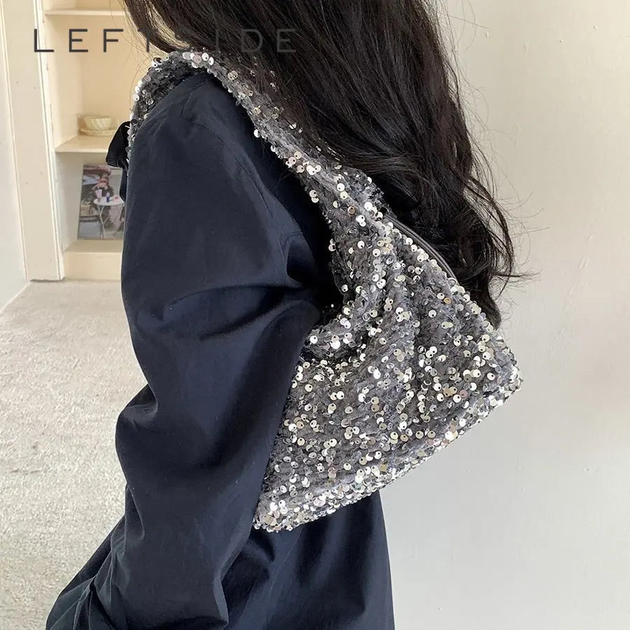 LEFTSIDE Small Sequin Underarm Bags for Women 2023 Luxury Designer Korean Fashion Party Handbags Trend Shoulder Bag