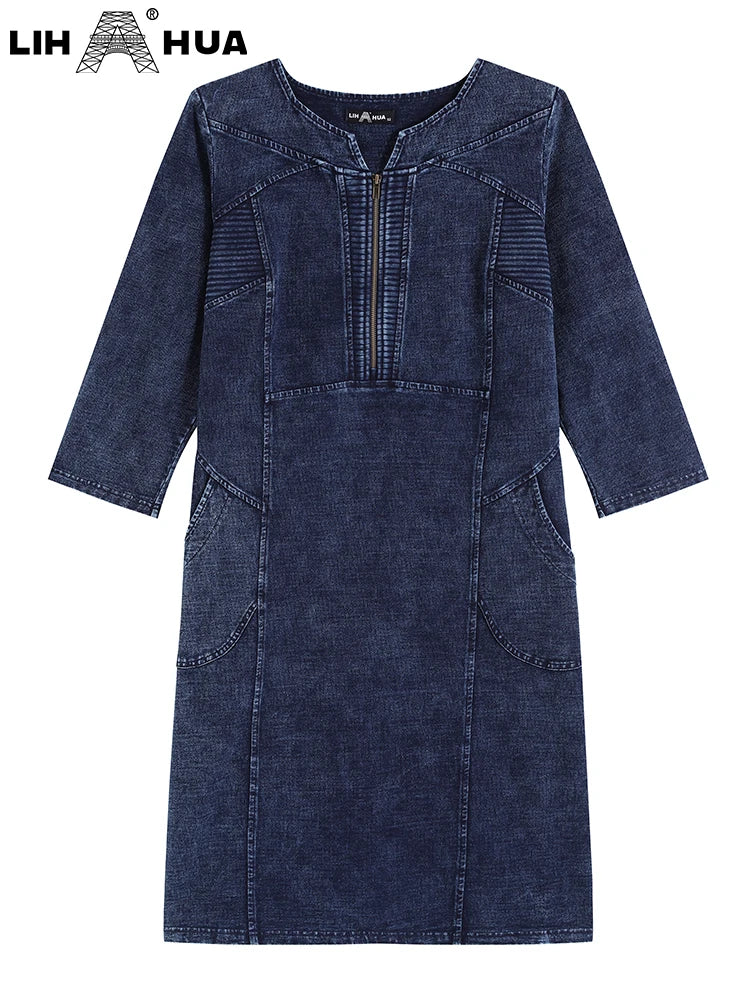 LIH HUA Women's Plus Size Denim Dress Autumn