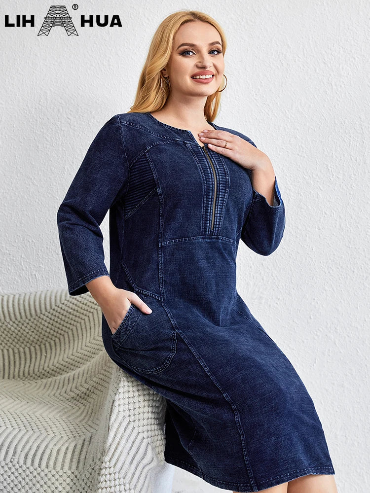 LIH HUA Women's Plus Size Denim Dress Autumn