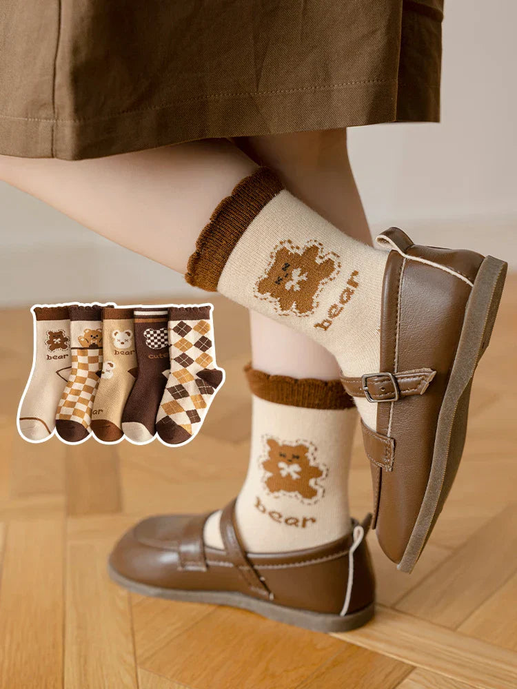 LJMOFA 5 Pairs Cotton Kids Socks Dinosaur Cartoon