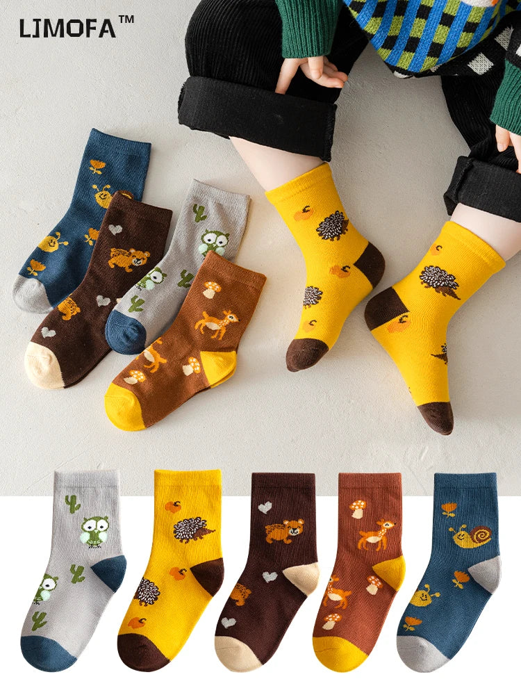 LJMOFA 5 Pairs Cotton Kids Socks Dinosaur Cartoon
