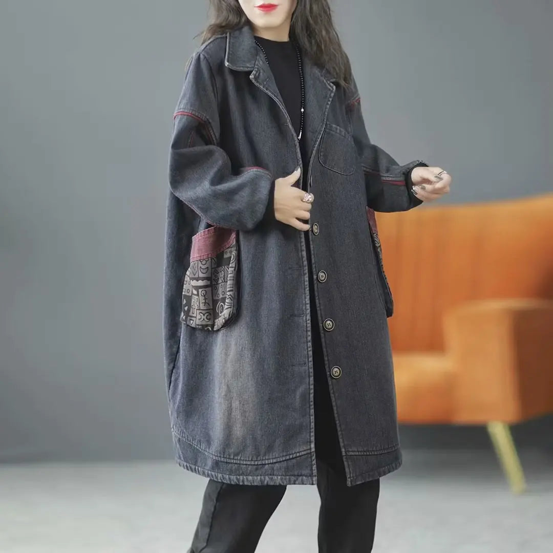 Lady Denim Coat 2023 Winter Autumn Pockets Loose