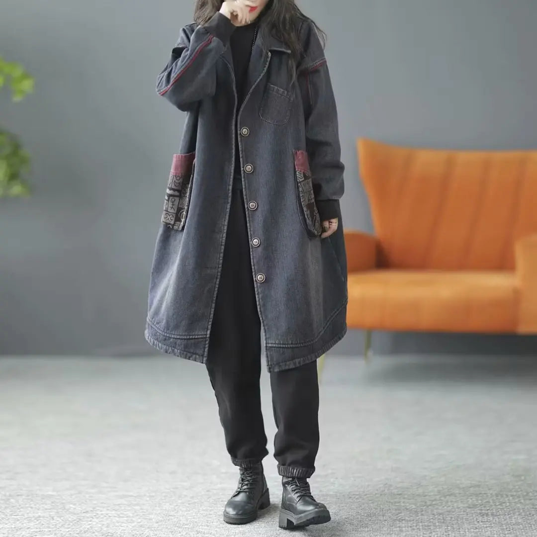 Lady Denim Coat 2023 Winter Autumn Pockets Loose