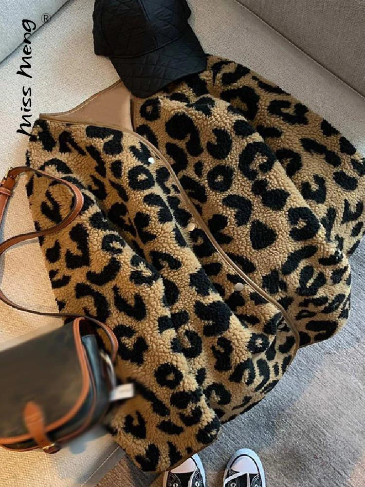 Leopard Woman Winter Jacket Coat O-neck Casual Fake