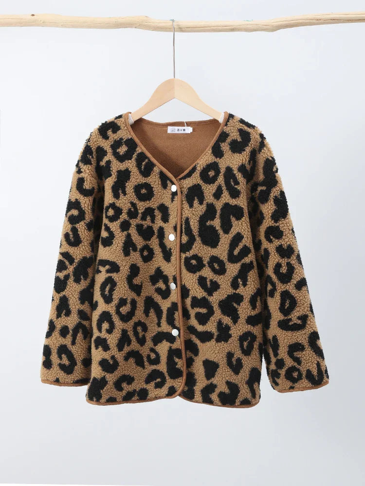 Leopard Woman Winter Jacket Coat O-neck Casual Fake