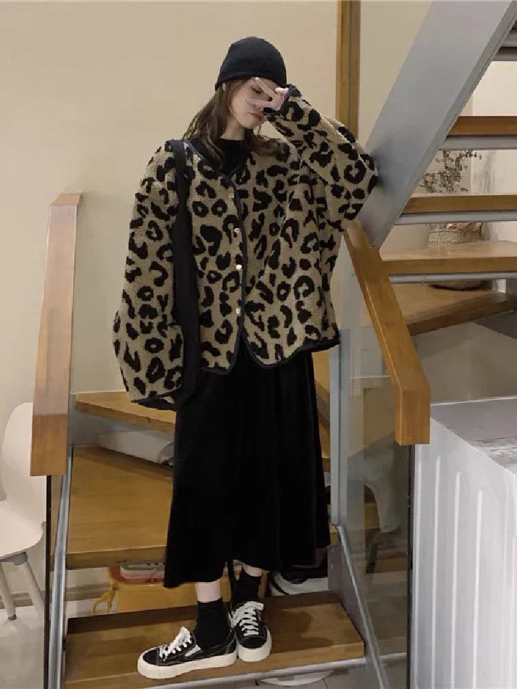 Leopard Woman Winter Jacket Coat O-neck Casual Fake