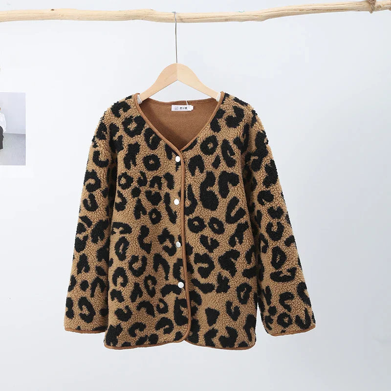 Leopard Woman Winter Jacket Coat O-neck Casual Fake