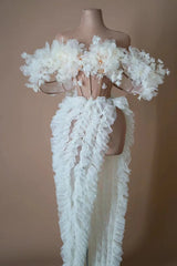 Long Elegant White Flower Evening Dresses for Women