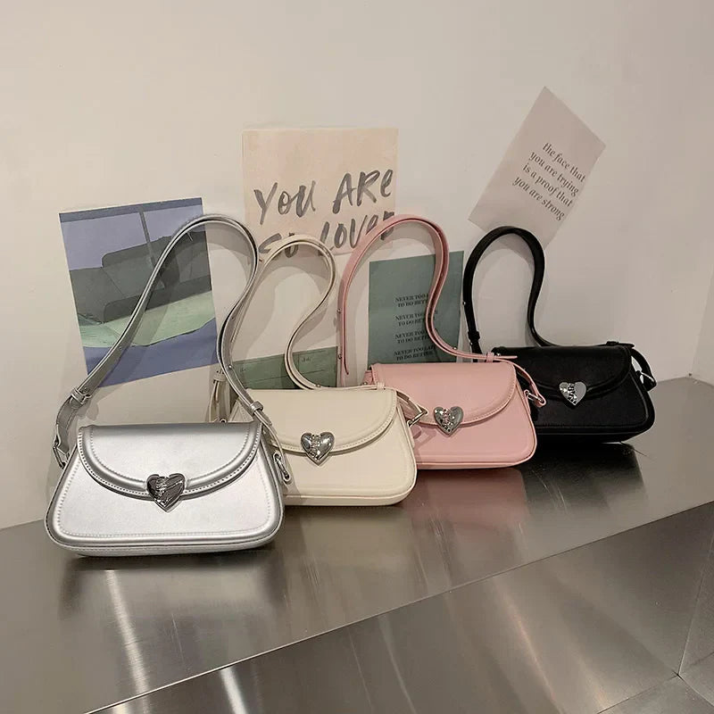 Love buckle Silver Crossbody Shoulder Bags for Women 2023 Y2K Small Purse PU Leather Luxury Brand Female Underarm Bag Handbags