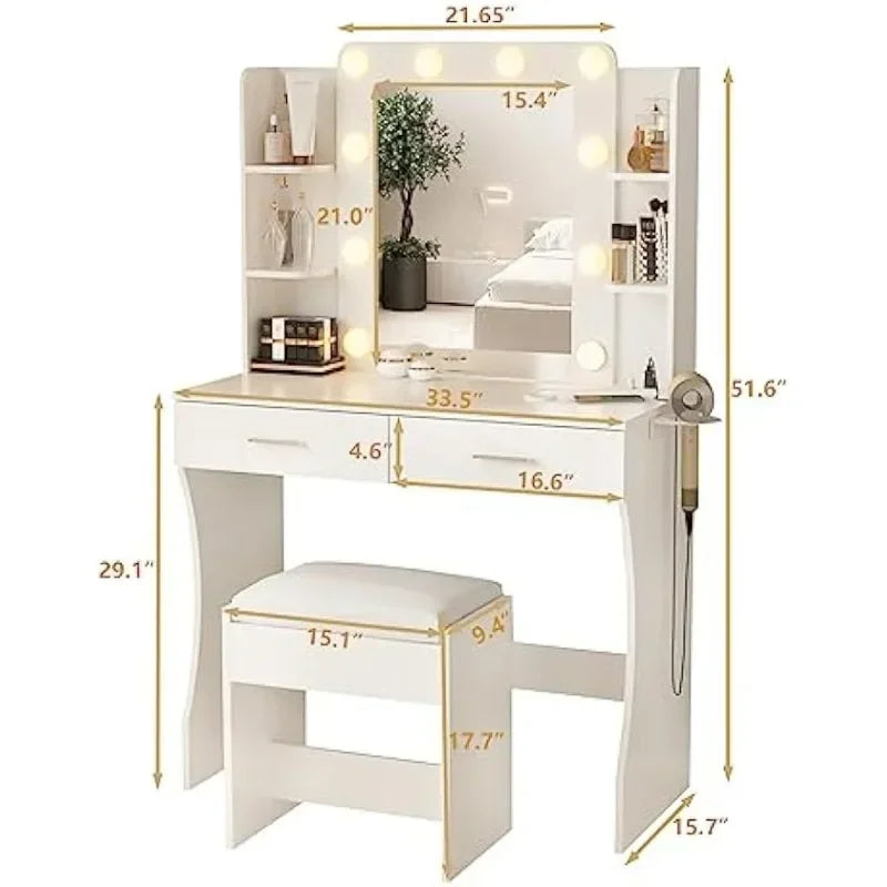 Makeup Vanity with Power Strip,Dressing Table Set with