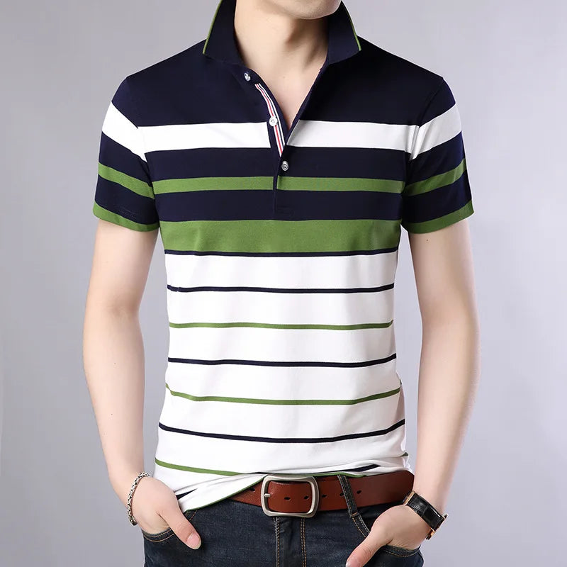 Men'S Classic Striped Polo Shirt Cotton Short Sleeve