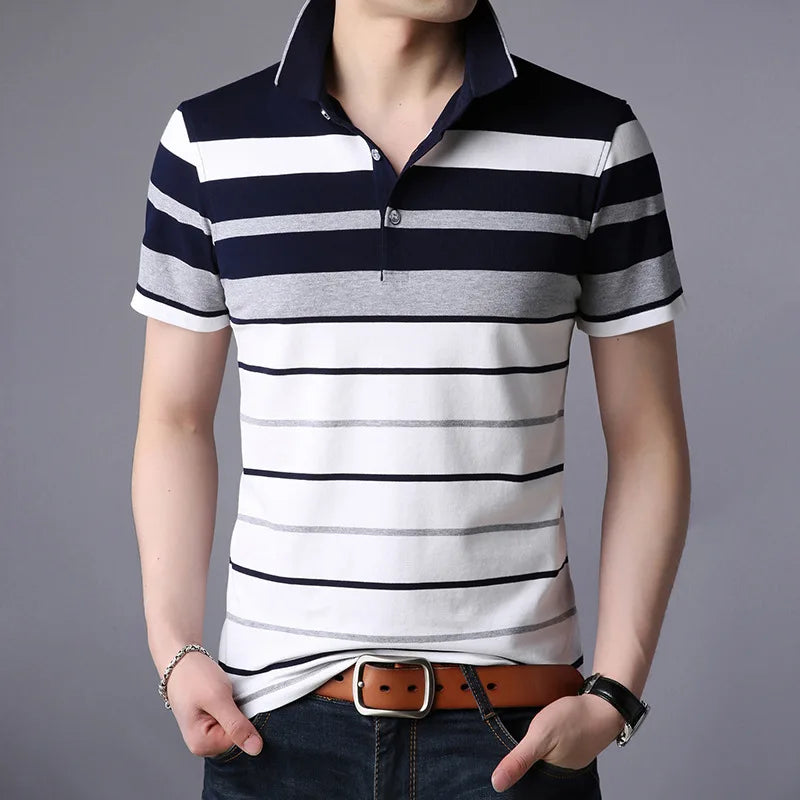 Men'S Classic Striped Polo Shirt Cotton Short Sleeve