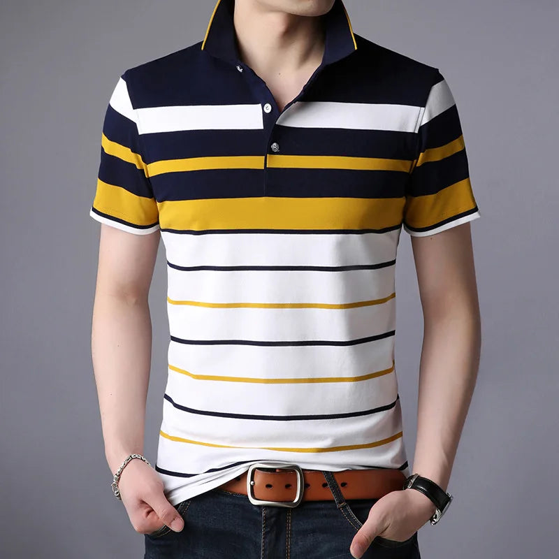 Men'S Classic Striped Polo Shirt Cotton Short Sleeve