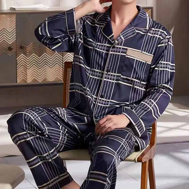 Men’S Thermal Pajamas Sets With Buttons Casual Long Sleeve Long Pants Housewear Suit Winter Autumn Checkered Pattern Sleepwear