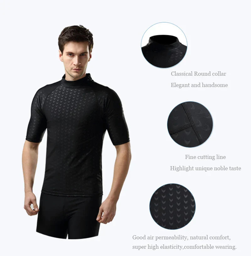 Men Teens Short Sleeve Sharkskin Swimsuit Set Swimming