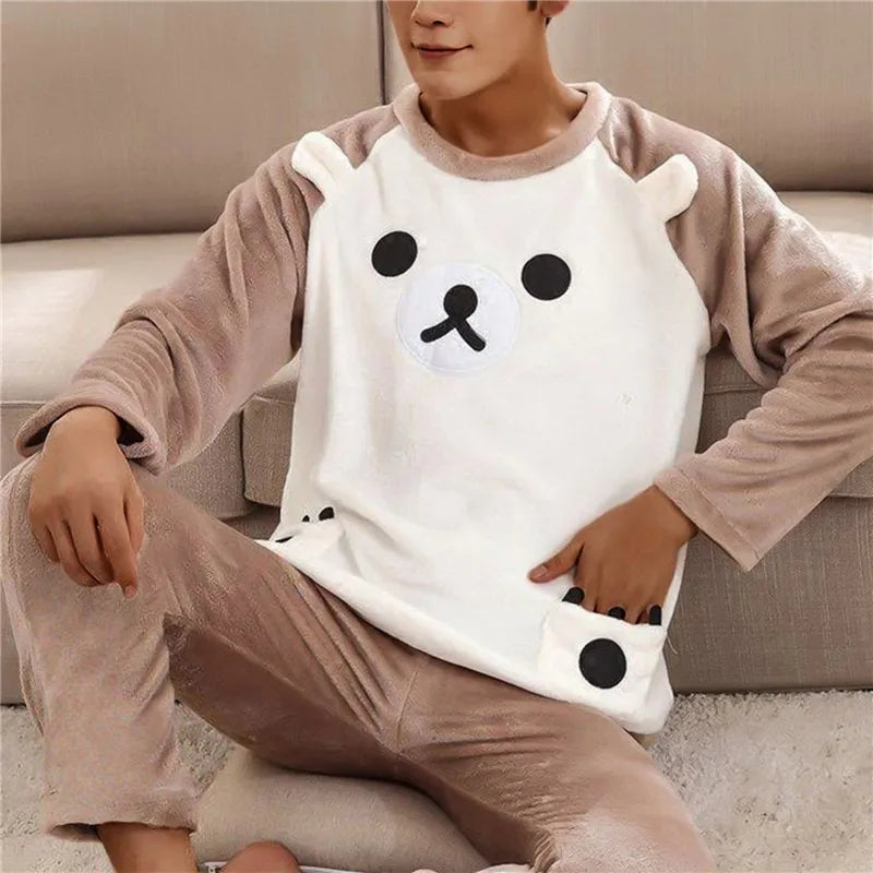 Men Winter Warm Flannel Pajama Set Long Sleeve