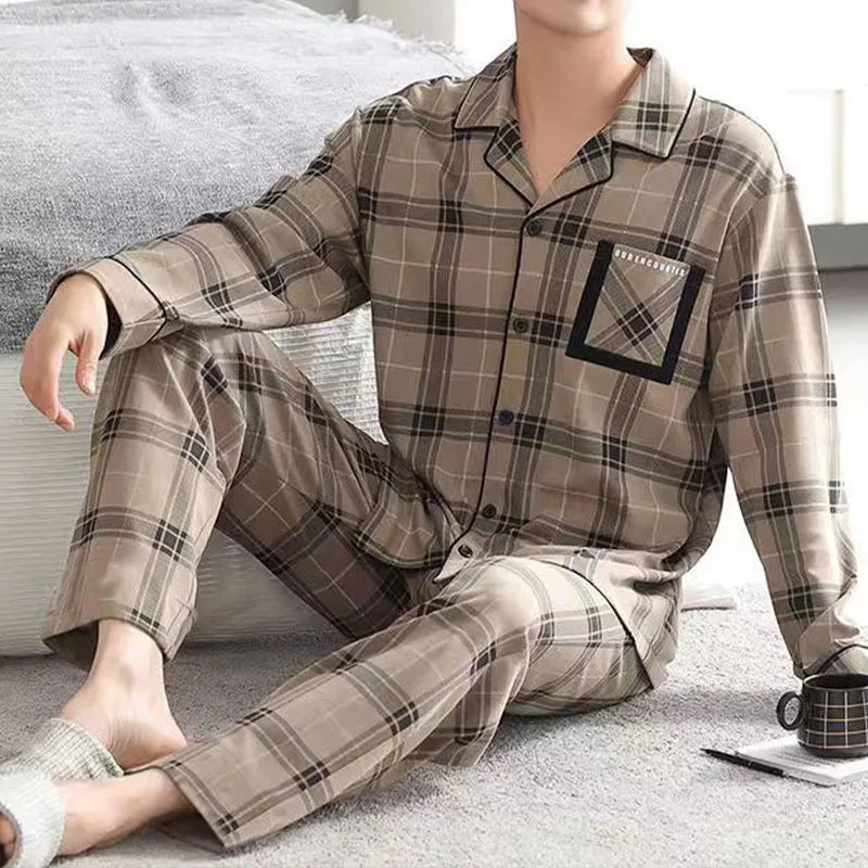 Men Winter Warm Flannel Pajama Set Long Sleeve