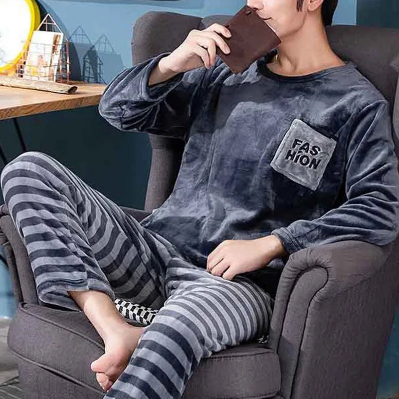 Men Winter Warm Flannel Pajama Set Long Sleeve