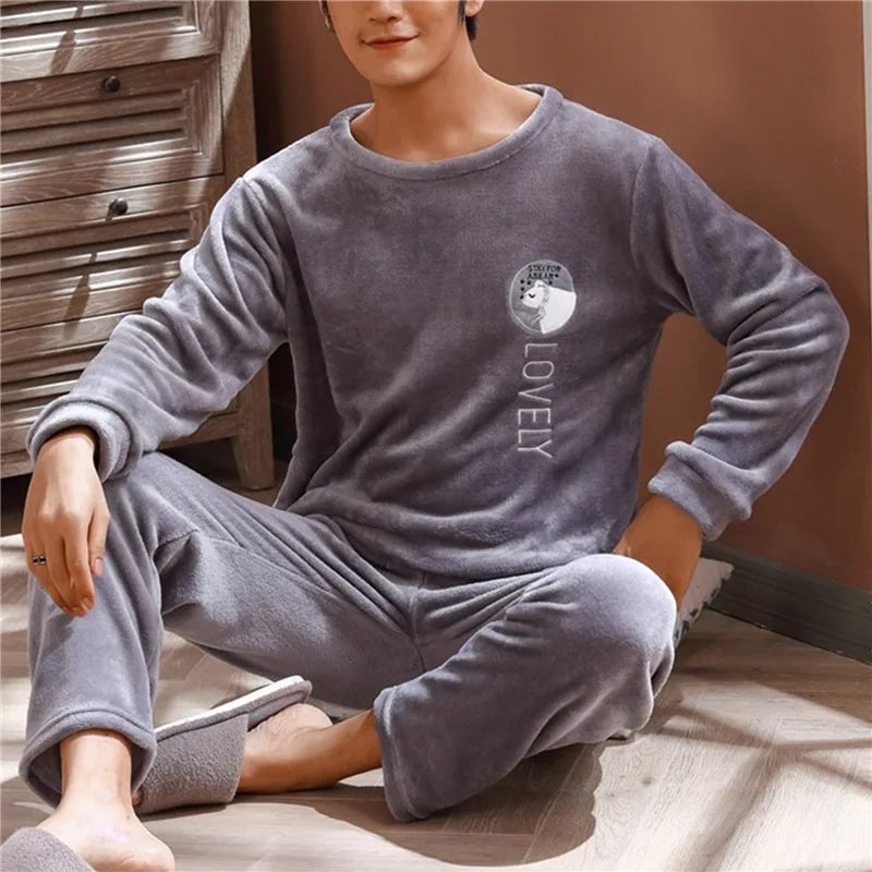 Men Winter Warm Flannel Pajama Set Long Sleeve