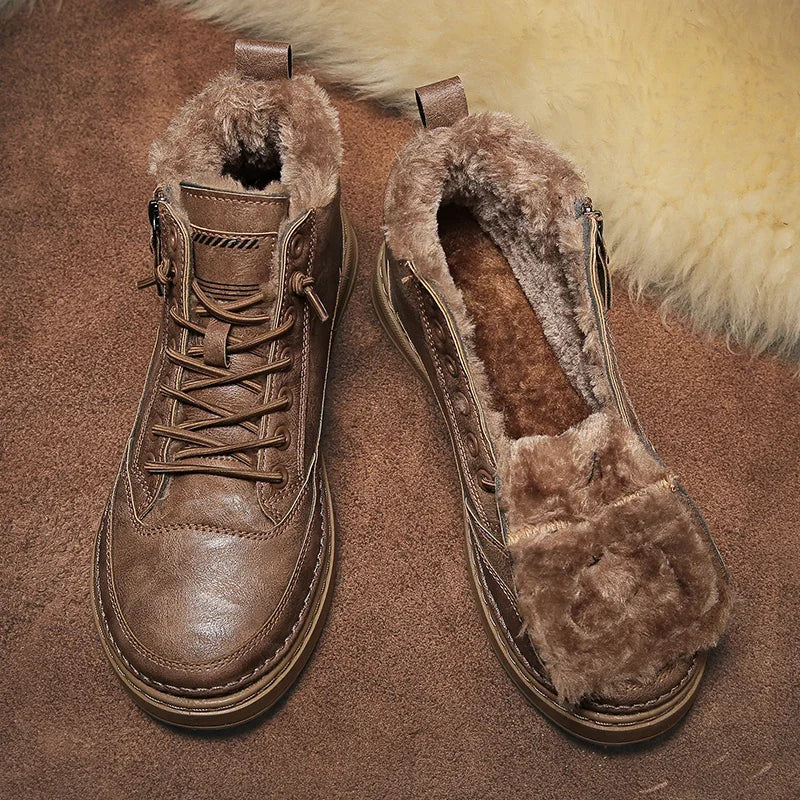 Men's Leather Boots 2023 Winter Platform Warm Fur