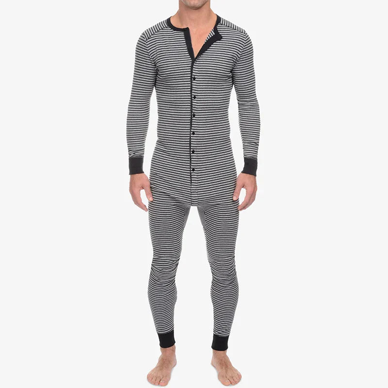 Men's Striped Pajamas O-Neck Long Sleeve Romper Home