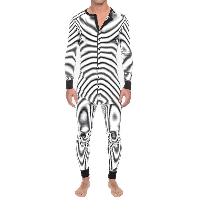 Men's Striped Pajamas O-Neck Long Sleeve Romper Home