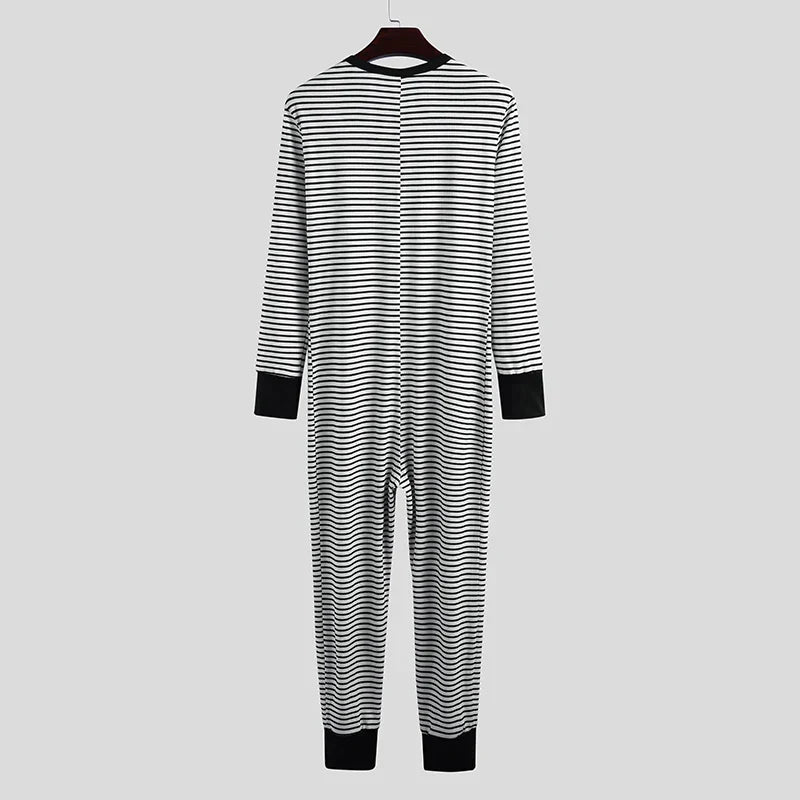 Men's Striped Pajamas O-Neck Long Sleeve Romper Home