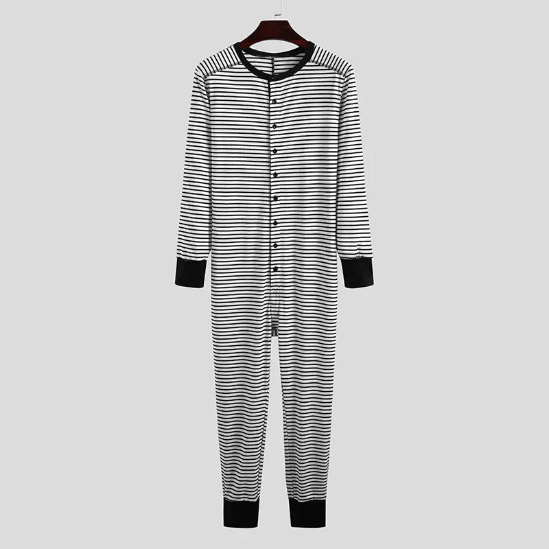 Men's Striped Pajamas O-Neck Long Sleeve Romper Home