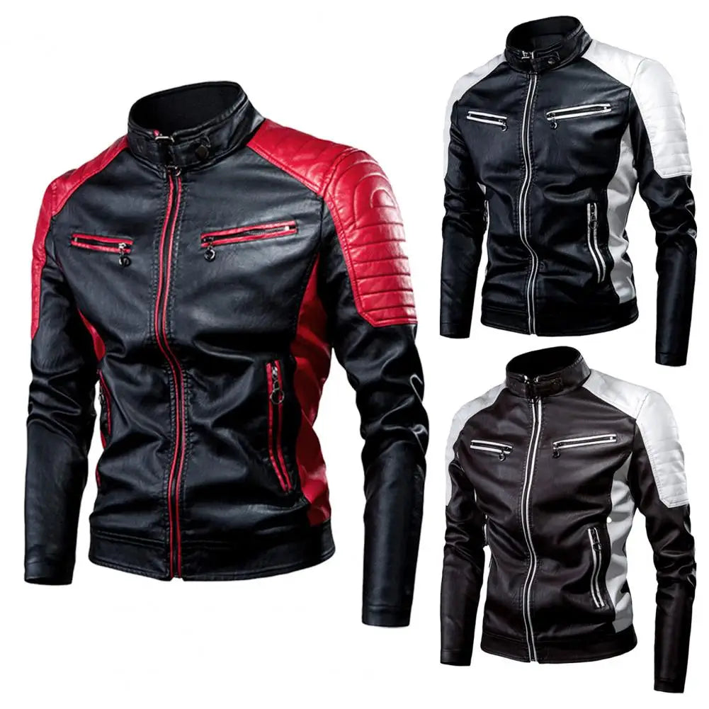 Men's Winter Pu Jacket Motorcycle Waterproof Cool Contrast