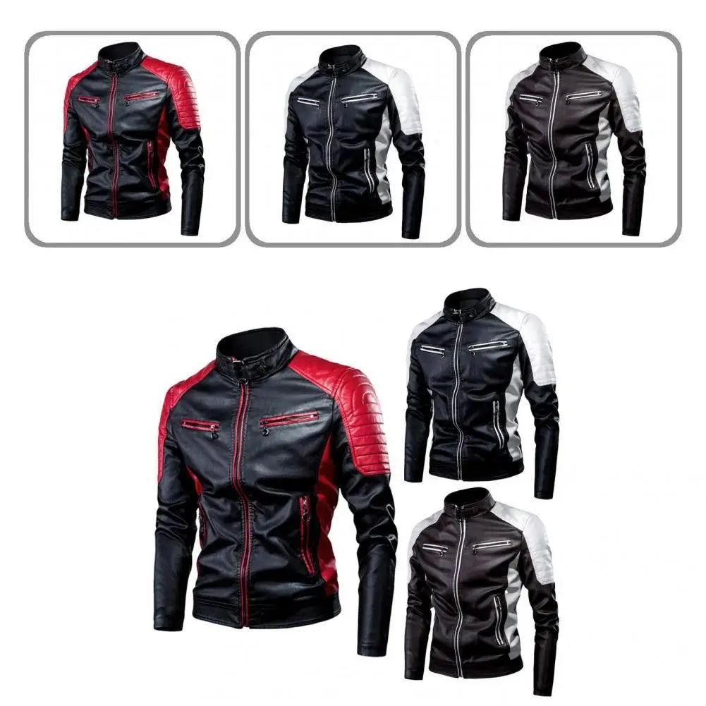 Men's Winter Pu Jacket Motorcycle Waterproof Cool Contrast