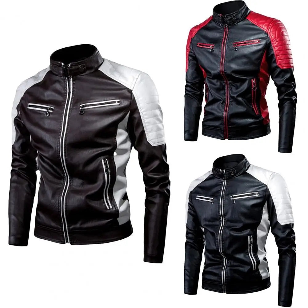 Men's Winter Pu Jacket Motorcycle Waterproof Cool Contrast