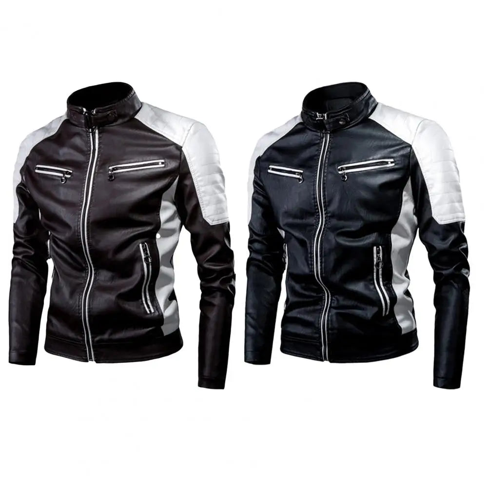 Men's Winter Pu Jacket Motorcycle Waterproof Cool Contrast