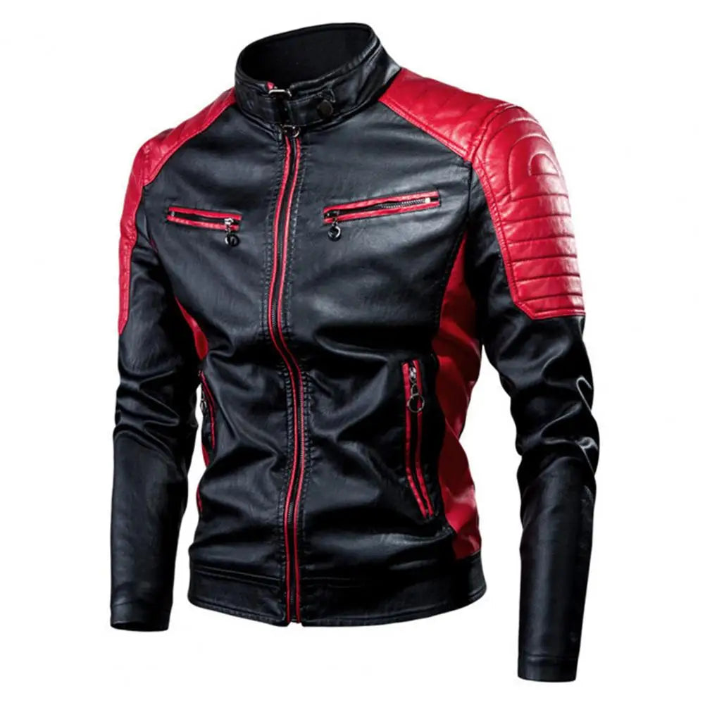 Men's Winter Pu Jacket Motorcycle Waterproof Cool Contrast