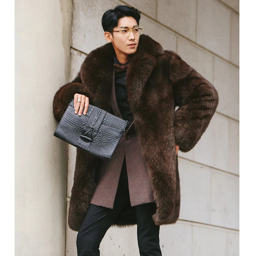 Men's fur coats mimic fox long trench coats